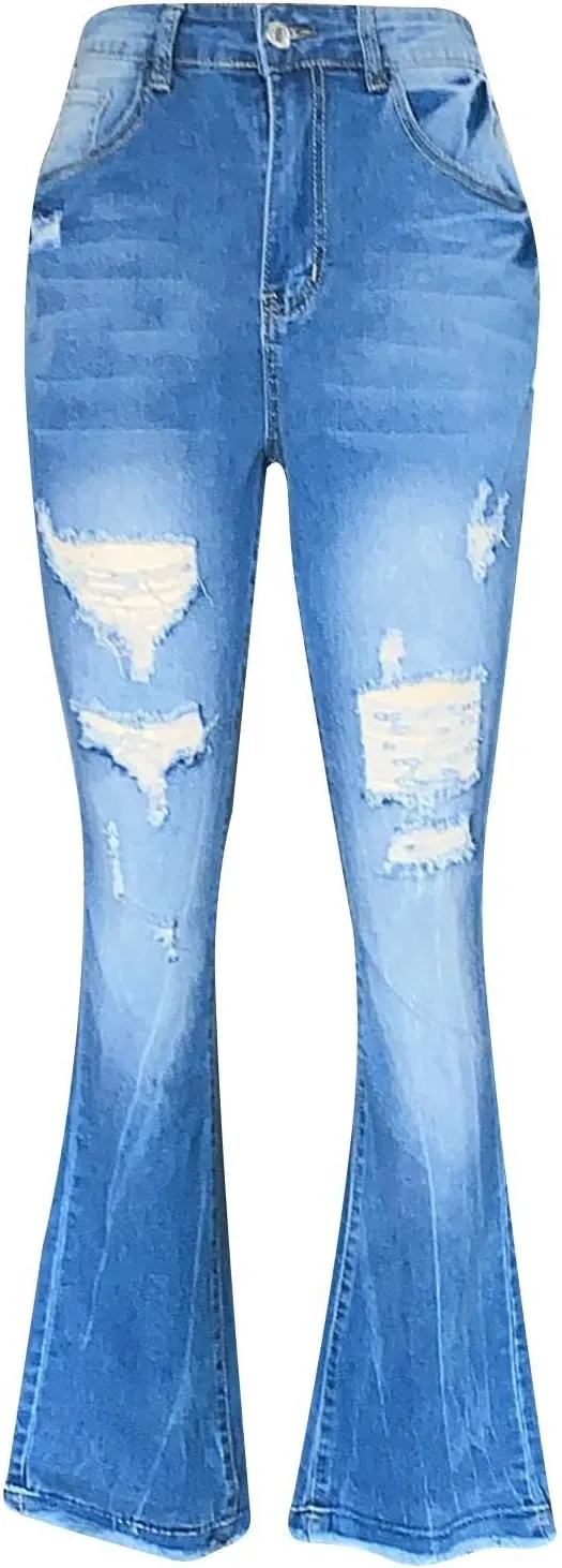 Boot Cut Jeans for Women Petite Low Rise Jeans Ripped Denim Ladies Pull On Stretch Flare Jeans Bell Bottom Jeans