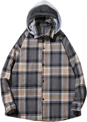 Burband Mens Flannel Hoodies Shirts Long Sleeve Button Down Plaid Jackets Casual Lightweight Checkered Sweatshirt with Hood