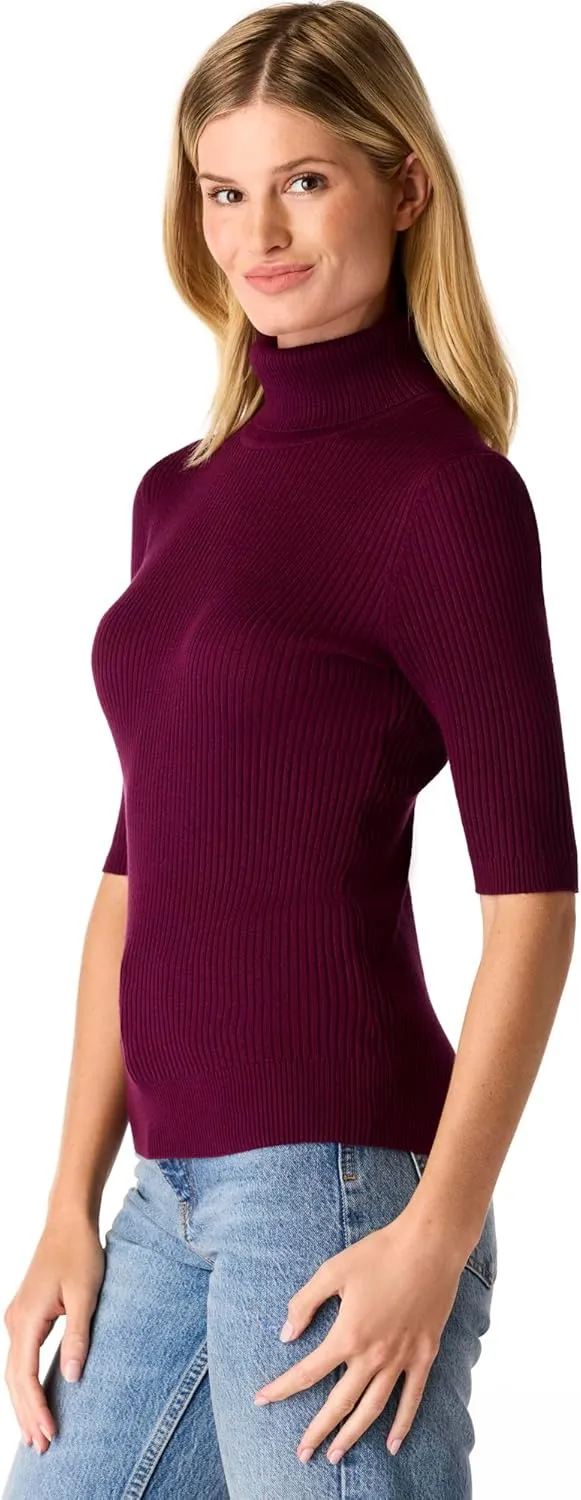 Cable & Gauge Women's Short Sleeve Mock Neck Sweater - Soft Knit Fabric, Ribbed Texture, Elbow-Length Sleeves, Casual Top