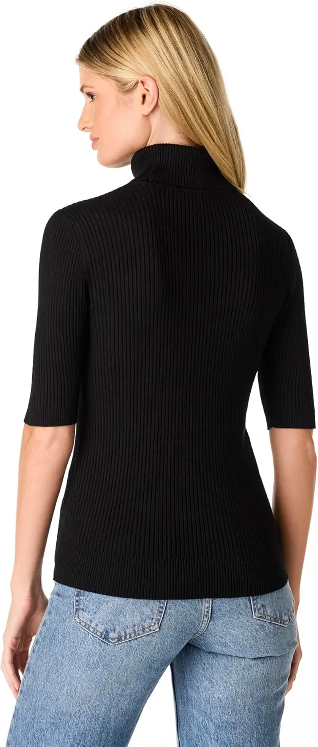 Cable & Gauge Women's Short Sleeve Mock Neck Sweater - Soft Knit Fabric, Ribbed Texture, Elbow-Length Sleeves, Casual Top