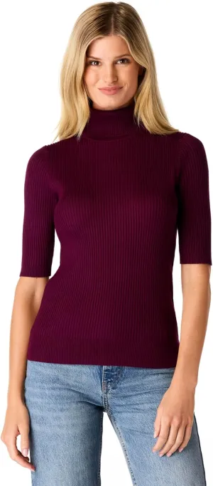 Cable & Gauge Women's Short Sleeve Mock Neck Sweater - Soft Knit Fabric, Ribbed Texture, Elbow-Length Sleeves, Casual Top