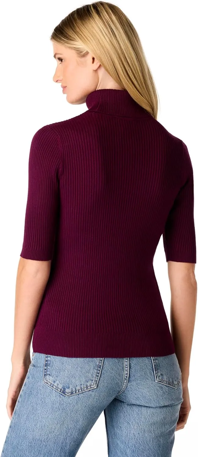 Cable & Gauge Women's Short Sleeve Mock Neck Sweater - Soft Knit Fabric, Ribbed Texture, Elbow-Length Sleeves, Casual Top