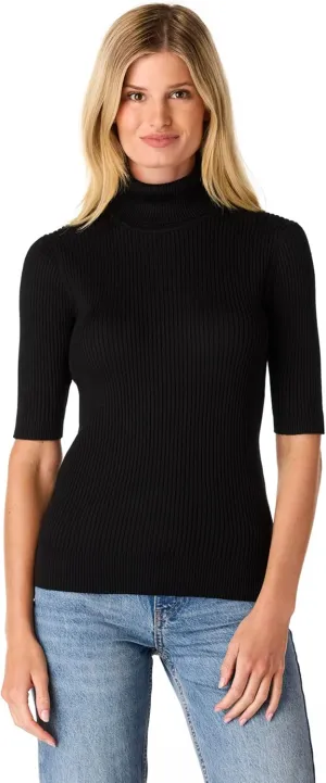 Cable & Gauge Women's Short Sleeve Mock Neck Sweater - Soft Knit Fabric, Ribbed Texture, Elbow-Length Sleeves, Casual Top