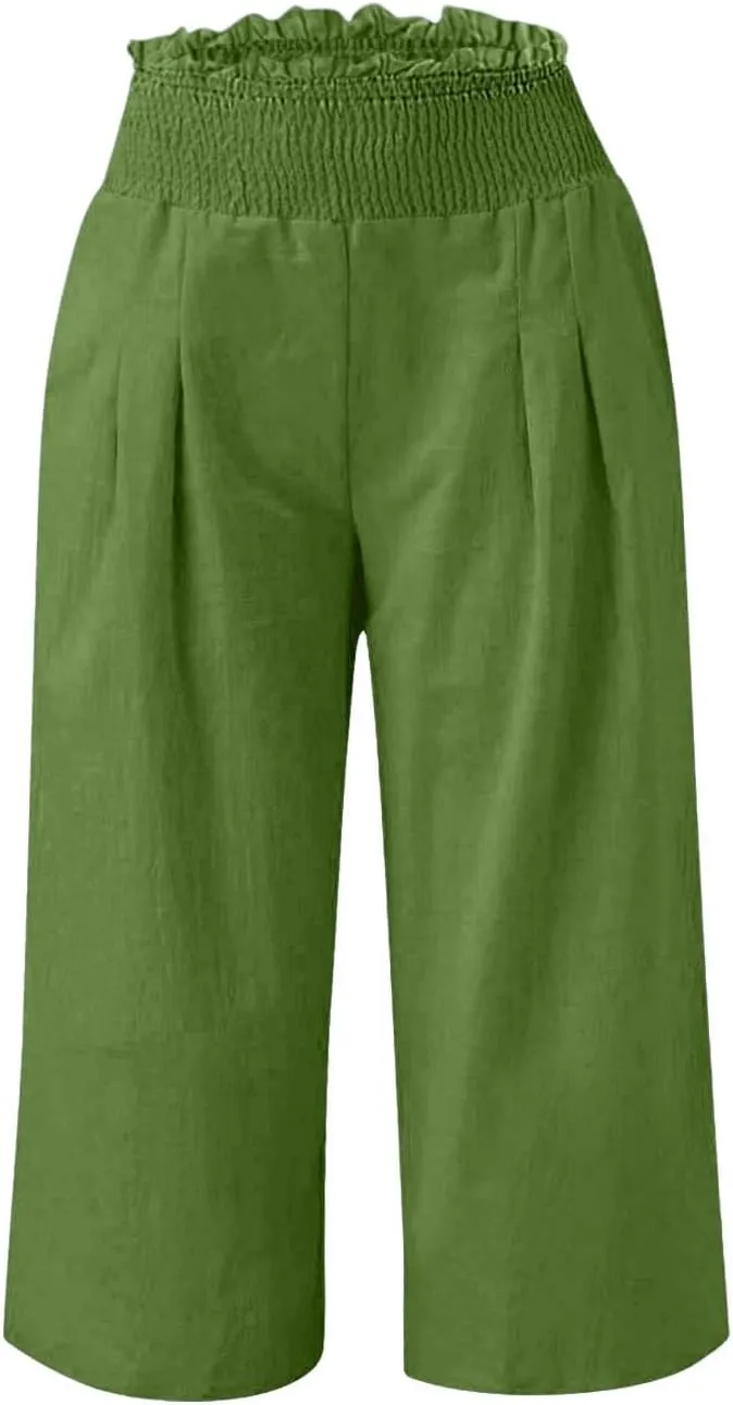 Capri Pants for Women Lightweight Summer High Waisted Wide Leg Palazzo Trousers with Pockets Travel Vacation Outfits