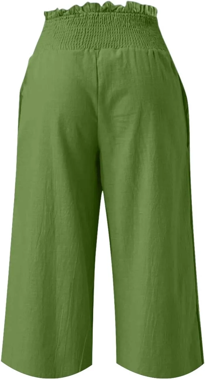 Capri Pants for Women Lightweight Summer High Waisted Wide Leg Palazzo Trousers with Pockets Travel Vacation Outfits