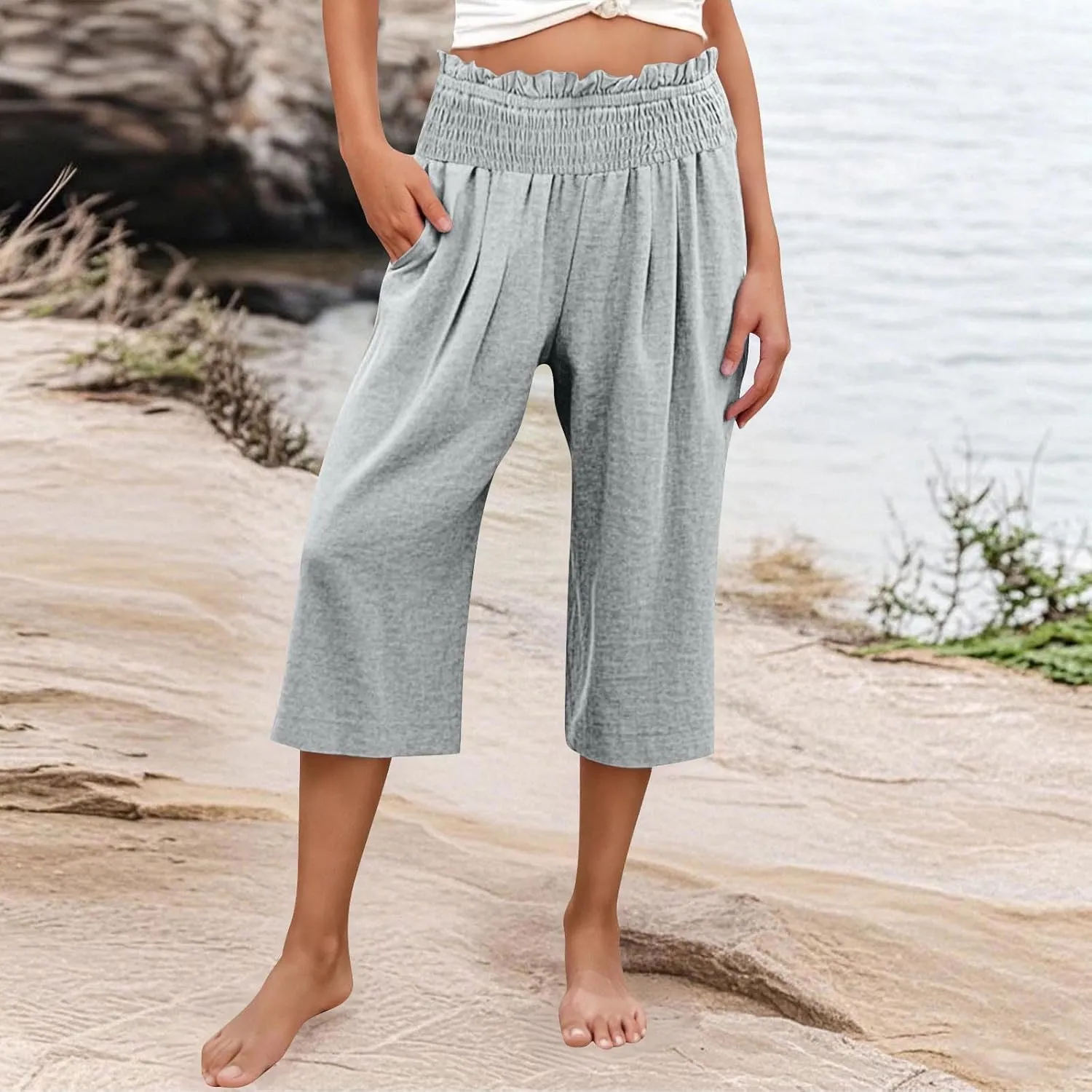 Capri Pants for Women Lightweight Summer High Waisted Wide Leg Palazzo Trousers with Pockets Travel Vacation Outfits