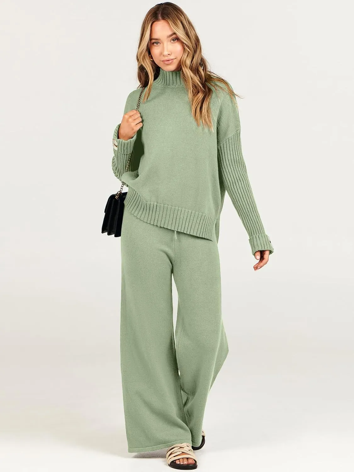 Caracilia Womens 2 Piece Sweater Set Knit Pullover Wide Leg Pants Lounge Matching Sets 2024 Fall Fashion Travel Outfits