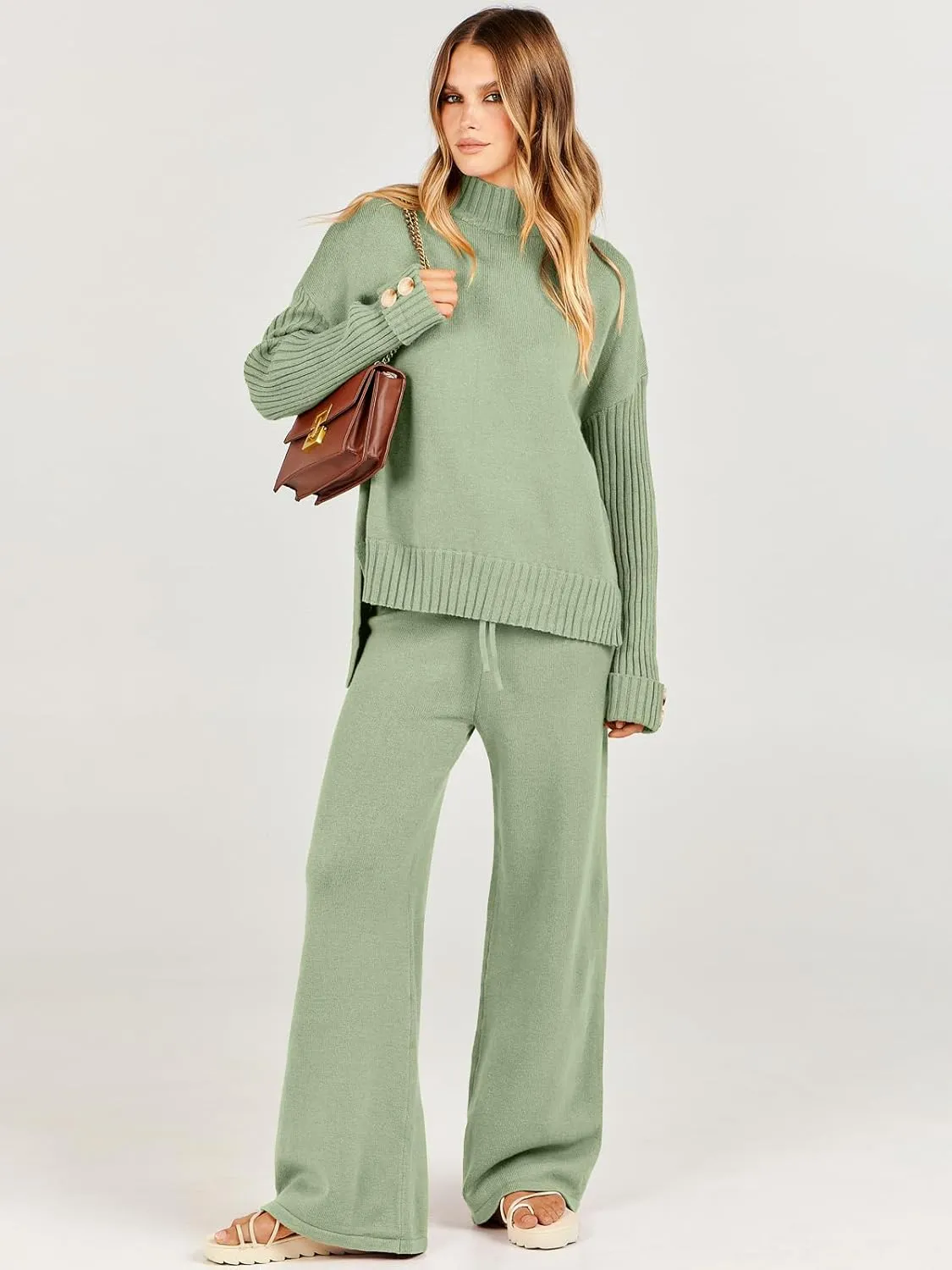 Caracilia Womens 2 Piece Sweater Set Knit Pullover Wide Leg Pants Lounge Matching Sets 2024 Fall Fashion Travel Outfits