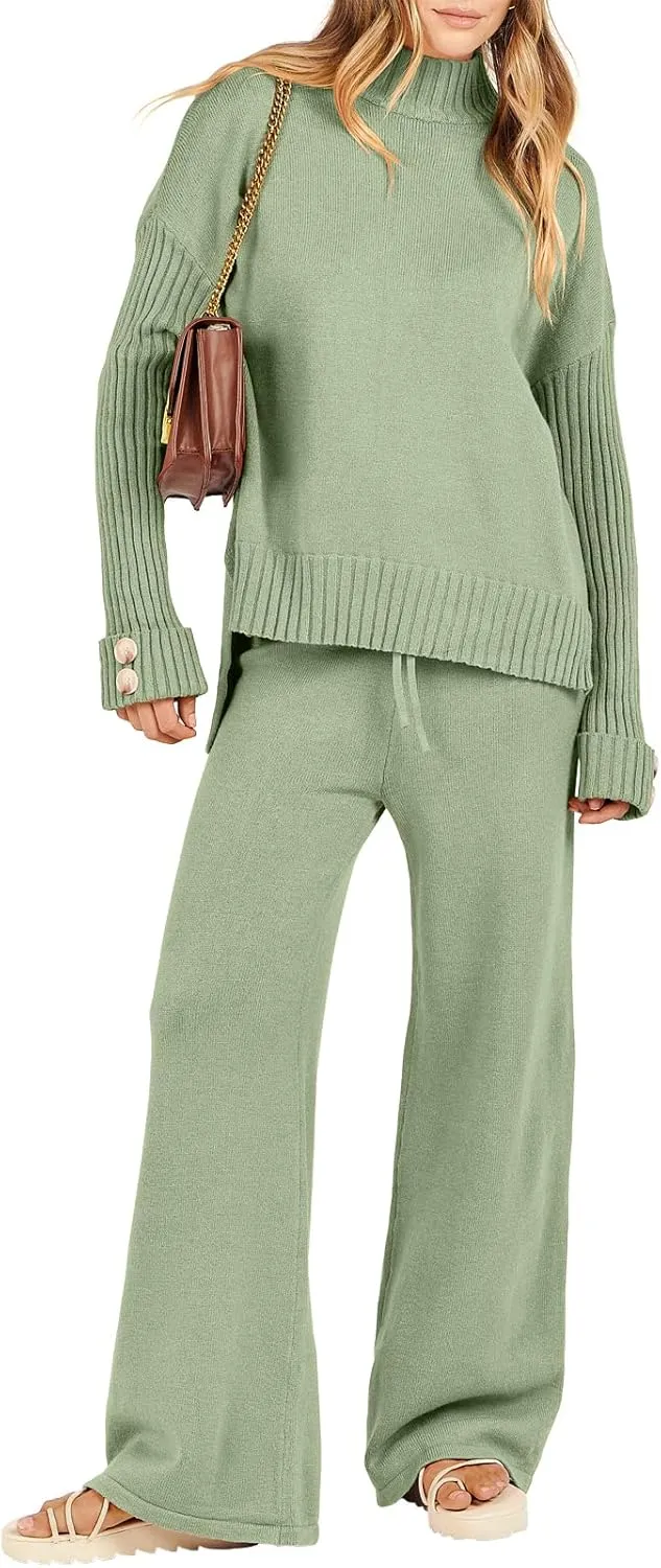 Caracilia Womens 2 Piece Sweater Set Knit Pullover Wide Leg Pants Lounge Matching Sets 2024 Fall Fashion Travel Outfits