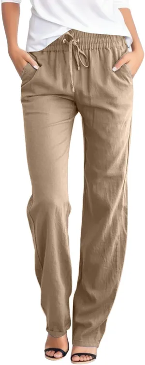 Casual Cotton Linen Pants for Women 2025 New Summer Loose Fit Straight Leg Drawstring Elastic Waist Beach Pants