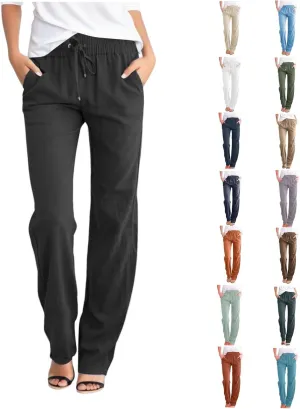 Casual Cotton Linen Pants for Women 2025 New Summer Loose Fit Straight Leg Drawstring Elastic Waist Beach Pants