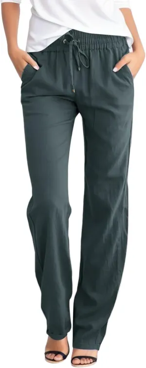 Casual Cotton Linen Pants for Women 2025 New Summer Loose Fit Straight Leg Drawstring Elastic Waist Beach Pants