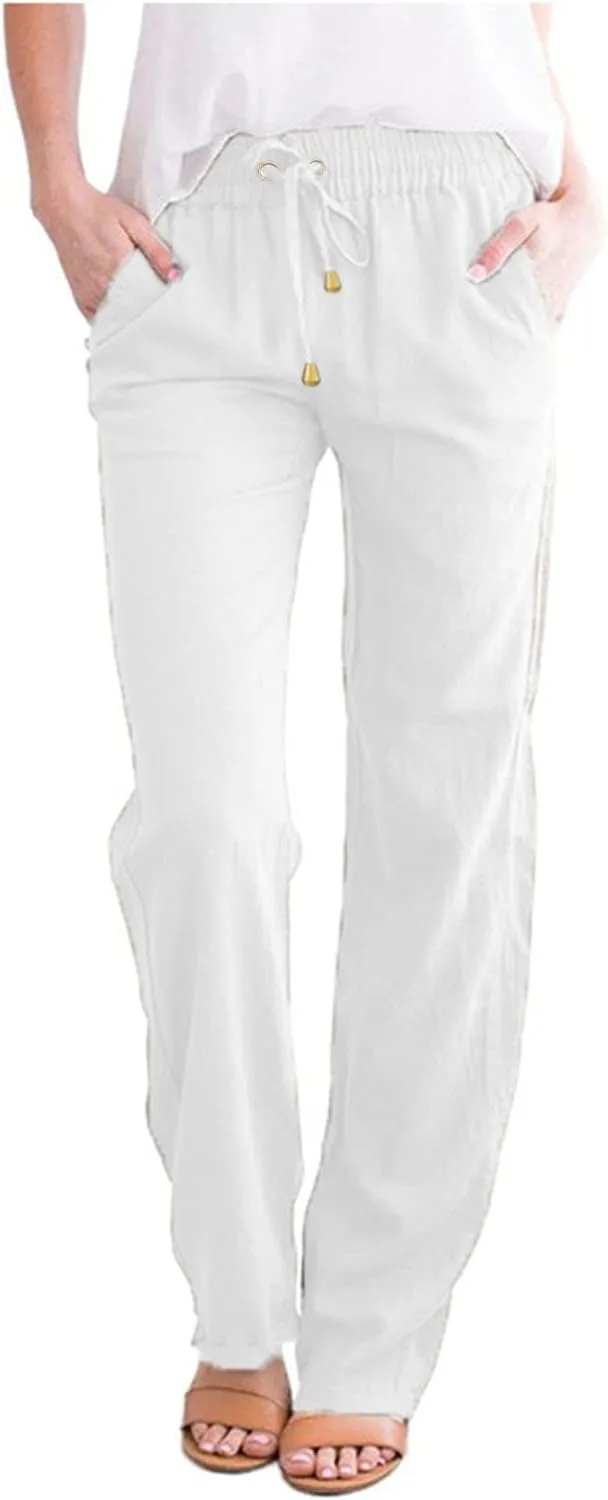 Casual Cotton Linen Pants for Women 2025 New Summer Loose Fit Straight Leg Drawstring Elastic Waist Beach Pants