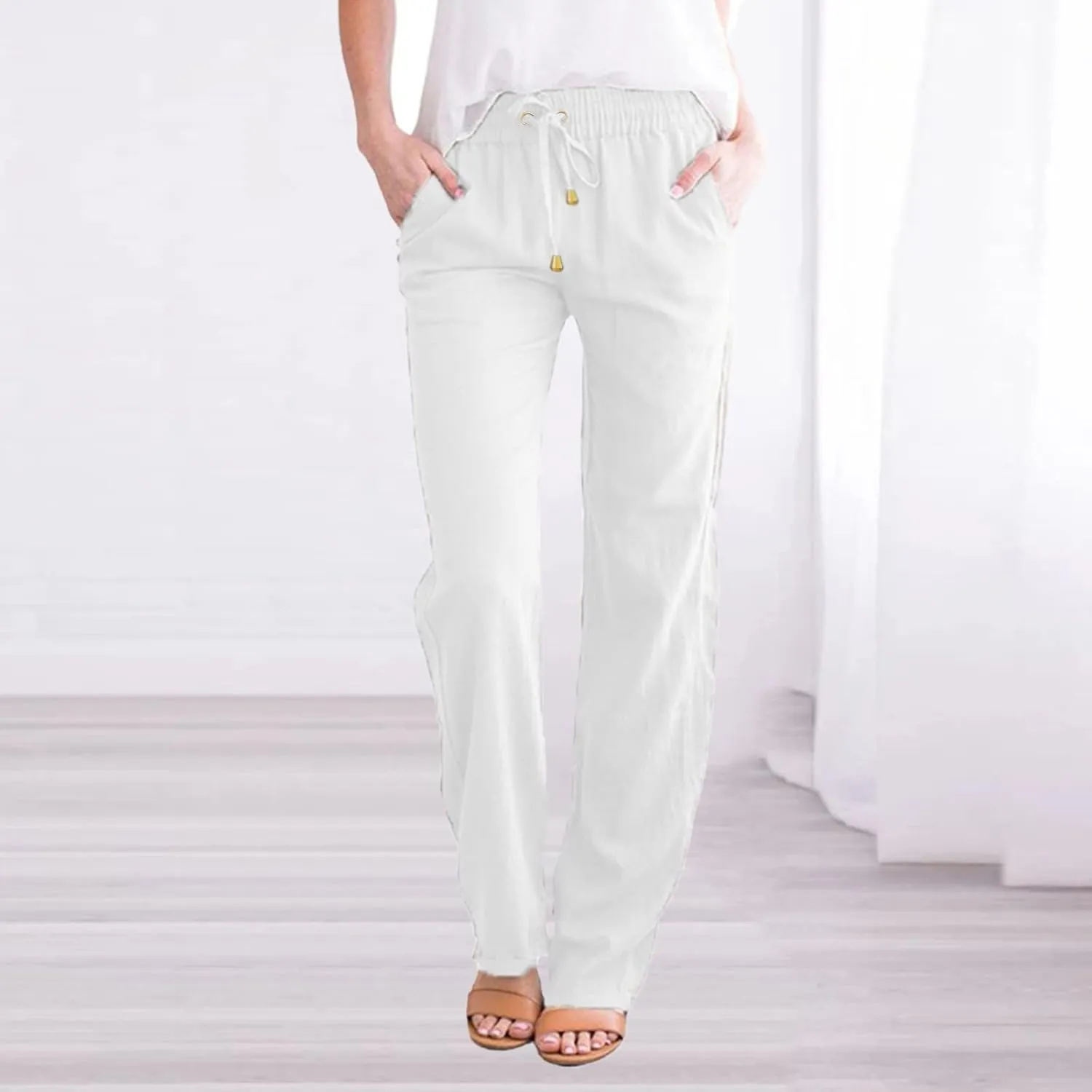 Casual Cotton Linen Pants for Women 2025 New Summer Loose Fit Straight Leg Drawstring Elastic Waist Beach Pants