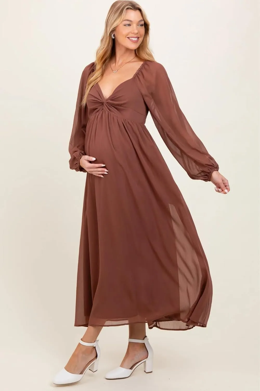 Chiffon V Neck Maternity Dresses for Baby Shower Long Puffy Sleeve Fall Pregnancy Photoshoot Dress for Women