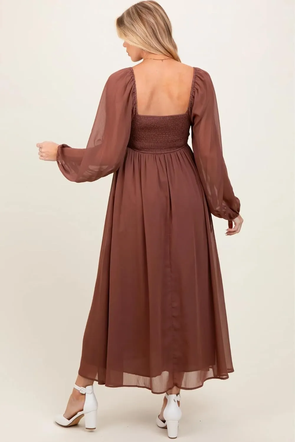 Chiffon V Neck Maternity Dresses for Baby Shower Long Puffy Sleeve Fall Pregnancy Photoshoot Dress for Women