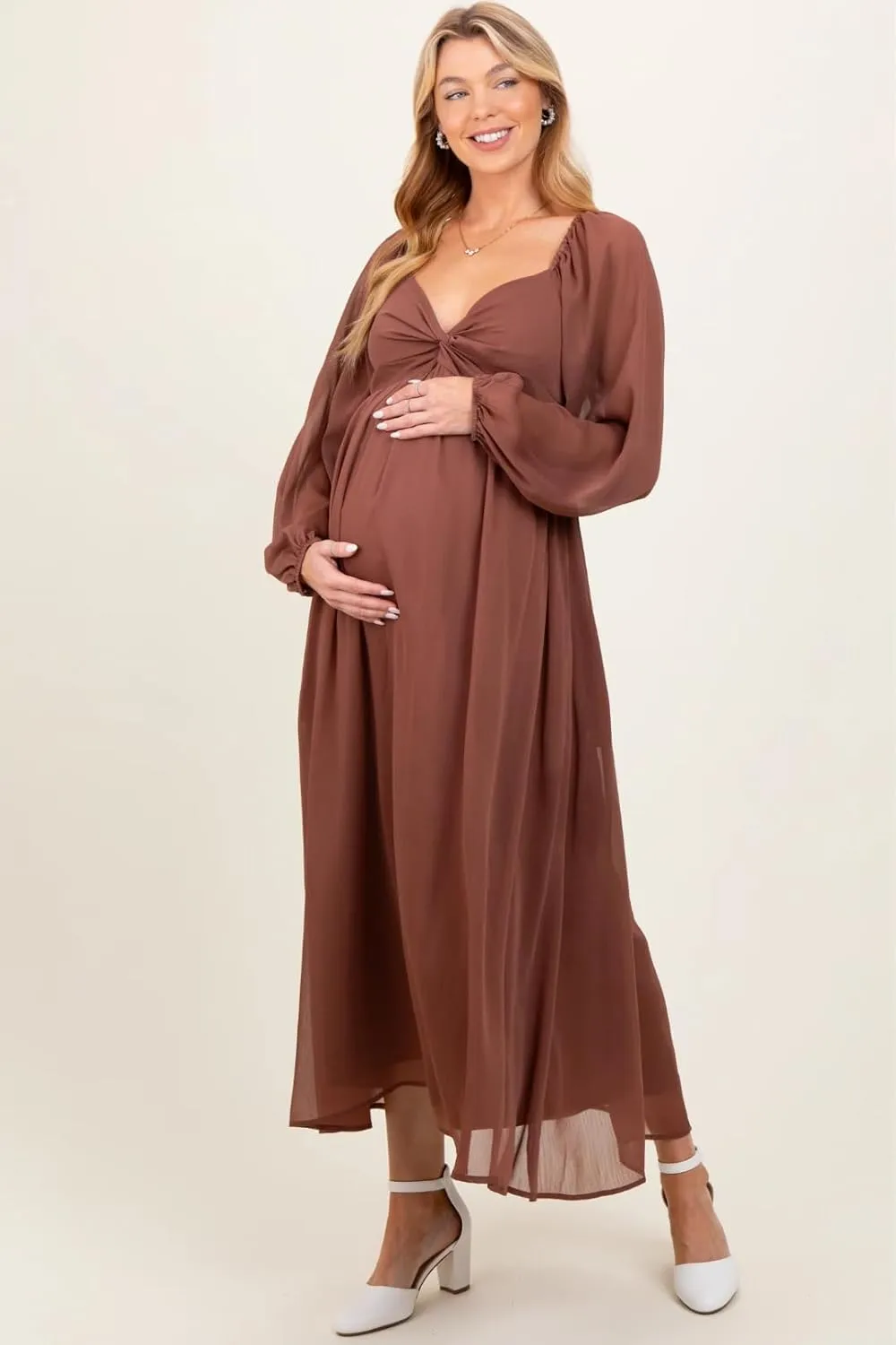 Chiffon V Neck Maternity Dresses for Baby Shower Long Puffy Sleeve Fall Pregnancy Photoshoot Dress for Women