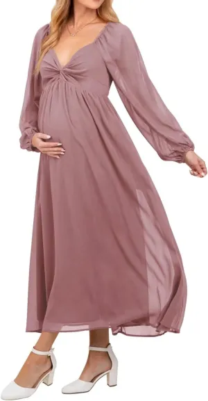 Chiffon V Neck Maternity Dresses for Baby Shower Long Puffy Sleeve Fall Pregnancy Photoshoot Dress for Women