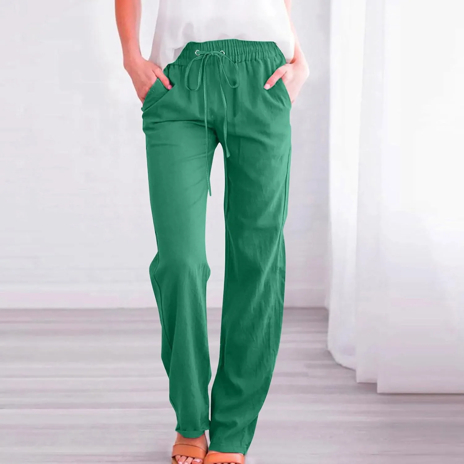 Cotton Line High Waisted Drawstring Pants Women Lightweight Denim Jeans Stretchy Relax Pockets Travel Vacation Lounge