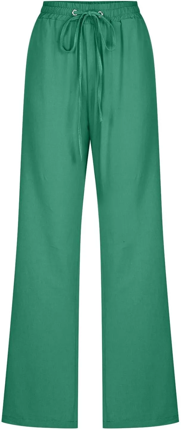 Cotton Line High Waisted Drawstring Pants Women Lightweight Denim Jeans Stretchy Relax Pockets Travel Vacation Lounge