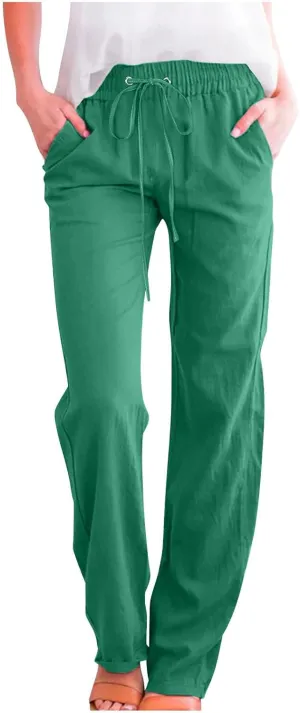 Cotton Line High Waisted Drawstring Pants Women Lightweight Denim Jeans Stretchy Relax Pockets Travel Vacation Lounge