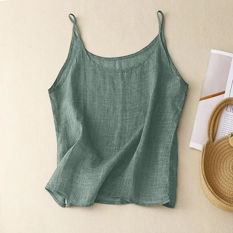 Cotton Linen Camisole Tops for Women Spaghetti Strap Loose Fit Tank Top Summer Sleeveless Gauze Cami Shirts