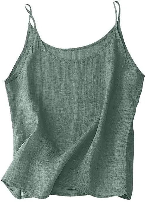 Cotton Linen Camisole Tops for Women Spaghetti Strap Loose Fit Tank Top Summer Sleeveless Gauze Cami Shirts