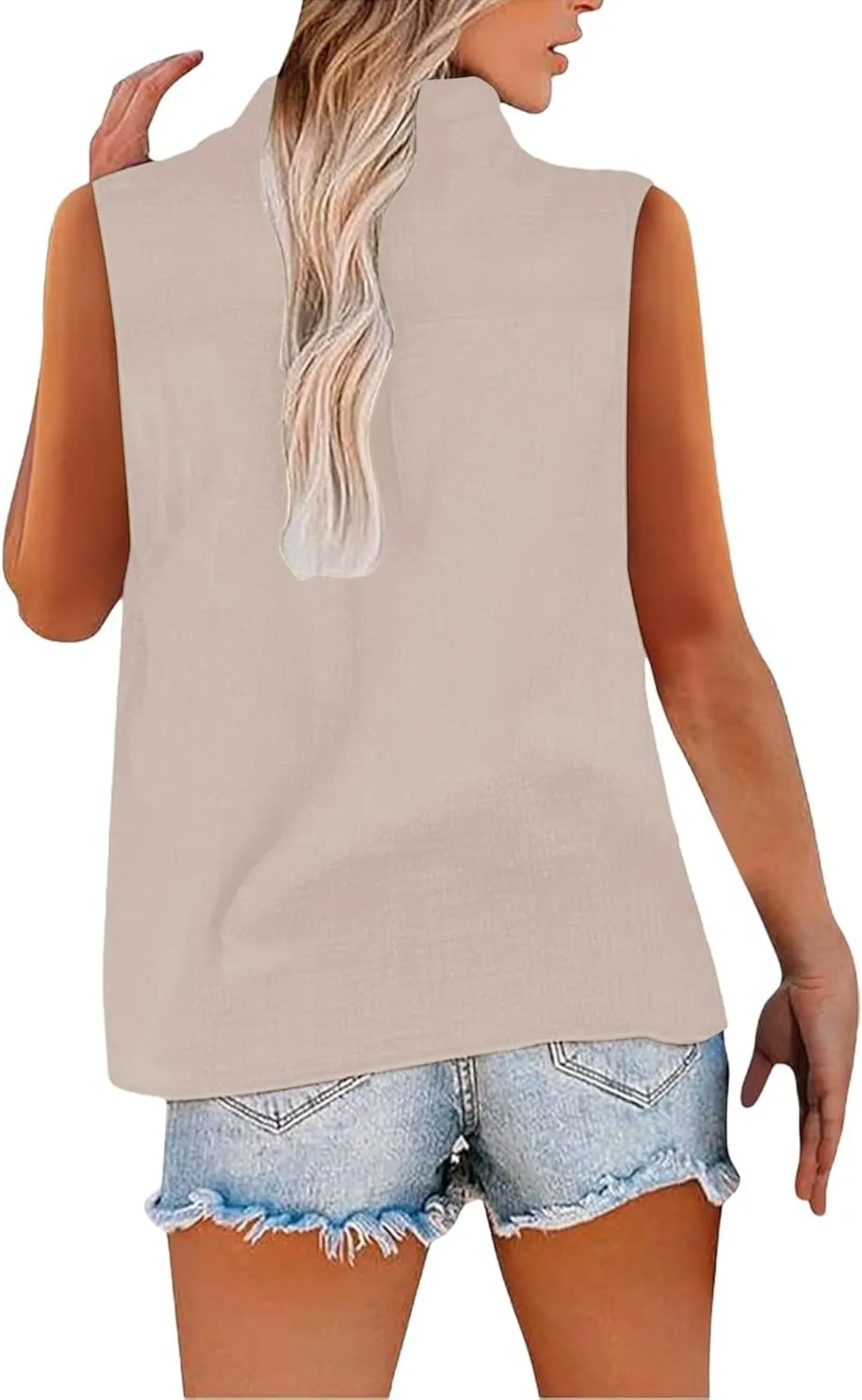 Cotton Linen Shirts for Women Sleeveless Collared Tops Oversized Button Up Blouses Work Shirts Casual Summer Tshirt