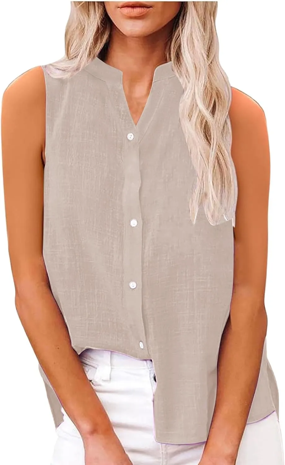 Cotton Linen Shirts for Women Sleeveless Collared Tops Oversized Button Up Blouses Work Shirts Casual Summer Tshirt
