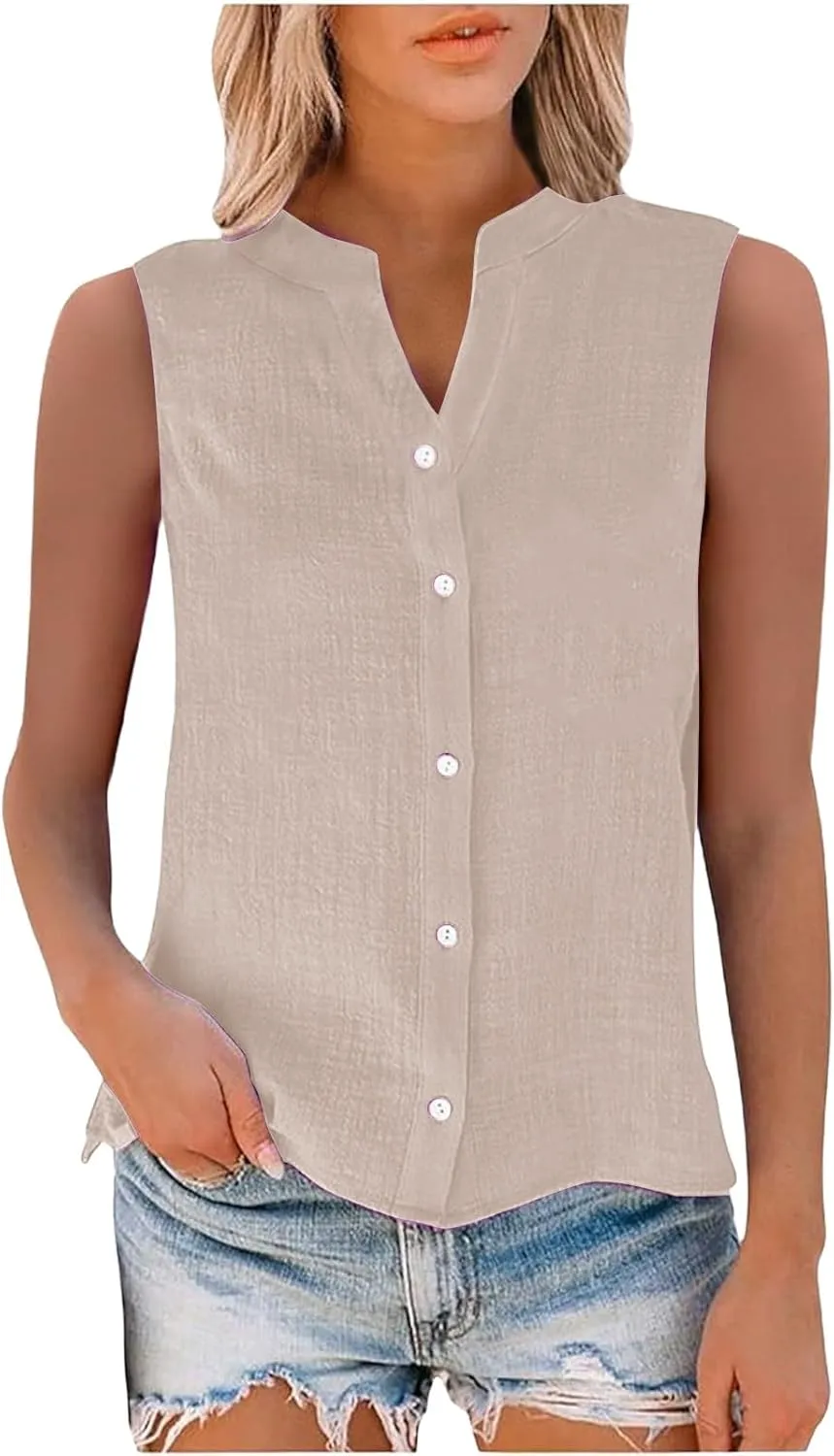 Cotton Linen Shirts for Women Sleeveless Collared Tops Oversized Button Up Blouses Work Shirts Casual Summer Tshirt