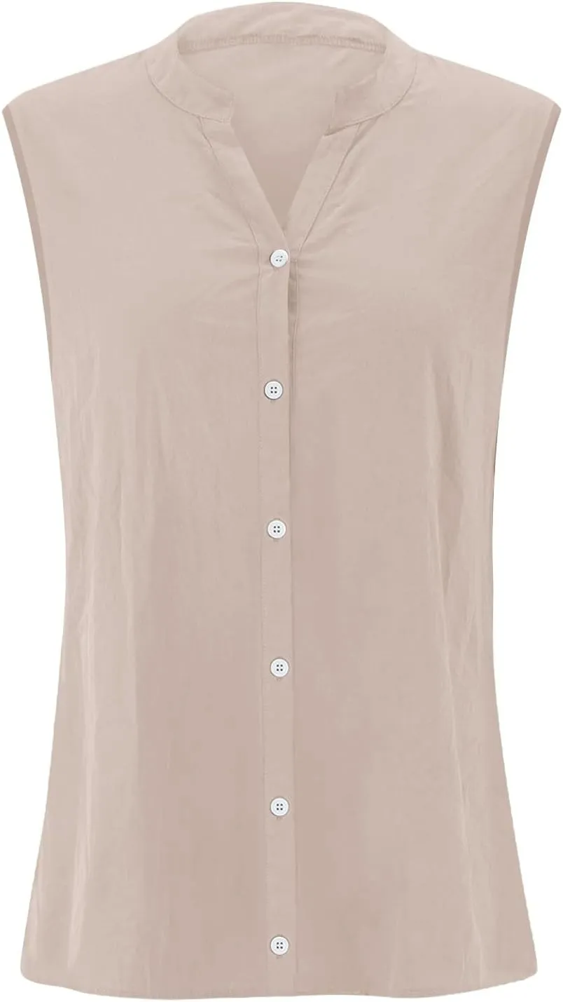 Cotton Linen Shirts for Women Sleeveless Collared Tops Oversized Button Up Blouses Work Shirts Casual Summer Tshirt
