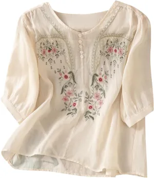 Cotton Linen Tops for Women Summer Casual 3/4 Sleeve T Shirts Lightweight Ethnic Style Embroidery Blouses Tees