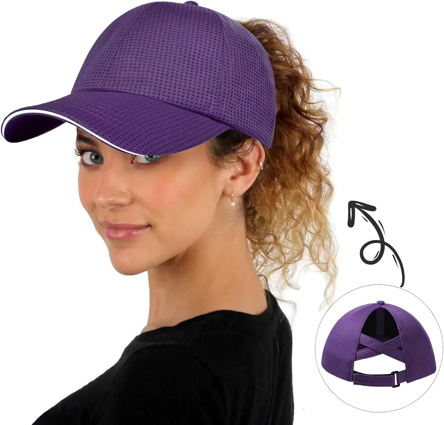 Criss Cross High Ponytail Baseball Cap for Women Lightweight Mesh Running Hat with Reflective Trim, Adjustable Fit for Sports