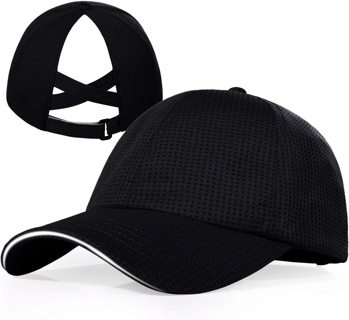 Criss Cross High Ponytail Baseball Cap for Women Lightweight Mesh Running Hat with Reflective Trim, Adjustable Fit for Sports