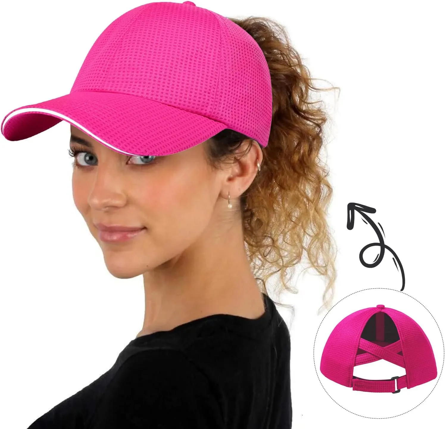 Criss Cross High Ponytail Baseball Cap for Women Lightweight Mesh Running Hat with Reflective Trim, Adjustable Fit for Sports