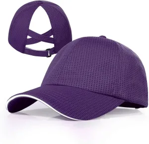 Criss Cross High Ponytail Baseball Cap for Women Lightweight Mesh Running Hat with Reflective Trim, Adjustable Fit for Sports