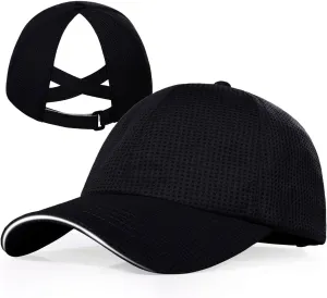 Criss Cross High Ponytail Baseball Cap for Women Lightweight Mesh Running Hat with Reflective Trim, Adjustable Fit for Sports