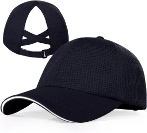 Criss Cross High Ponytail Baseball Cap for Women Lightweight Mesh Running Hat with Reflective Trim, Adjustable Fit for Sports