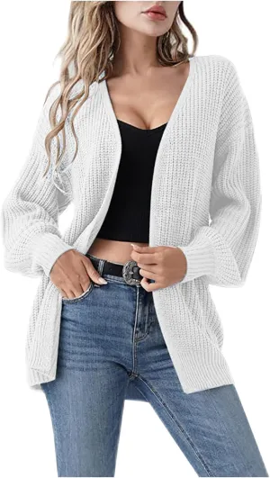 Crochet Cardigans for Women Lightweight Soft Knit Long Lantern Sleeve Cardigan Chunky Open Front Loose Sweater