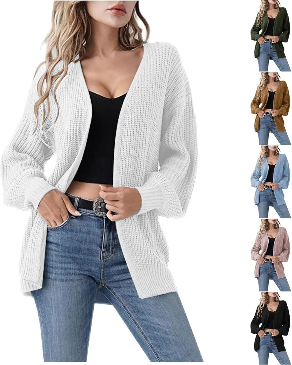 Crochet Cardigans for Women Lightweight Soft Knit Long Lantern Sleeve Cardigan Chunky Open Front Loose Sweater