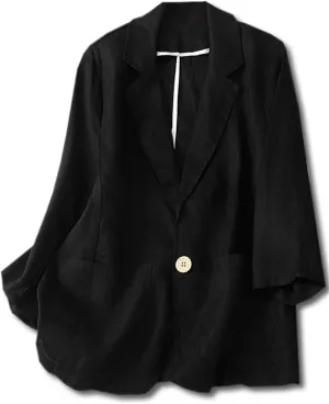Cromoncent Women's Cotton Linen Blazer 3/4 Sleeve Button Down Casual Office Jacket