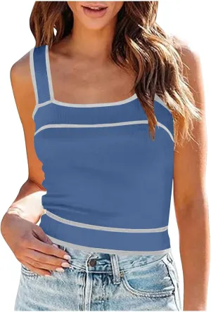Crop Tank Tops for Women Contrast Color Soft Knit Camisole Contrast Color Square Neck Shirt Moisture Wicking Blouse