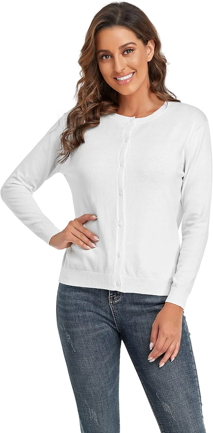 CUNYI Women's Crew Neck Cardigan Long Sleeve Sweater for Women Button Down Soft Knit Ladies Cardigan Sweates Coat
