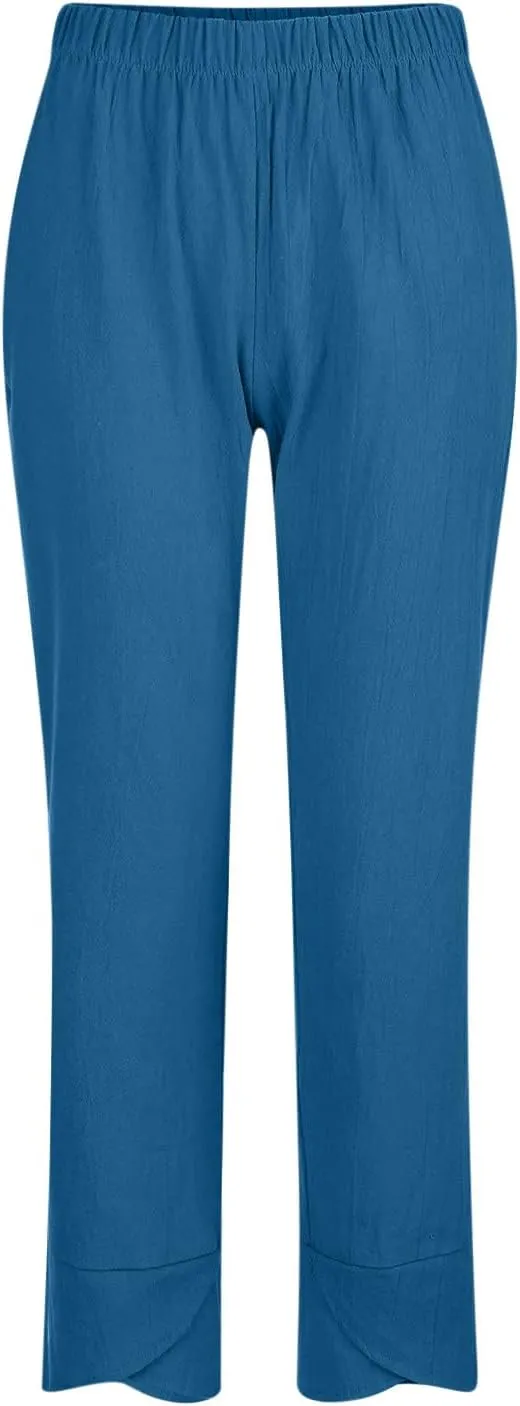 DASAYO Linen Pants Women Trendy Elastic Waist Casual Pants with Pockets Lightweight Lounge Trousers Ladies Summer Outfits