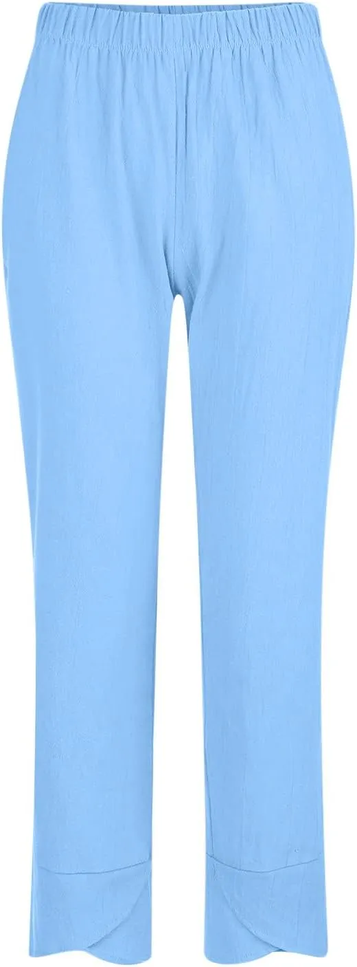 DASAYO Linen Pants Women Trendy Elastic Waist Casual Pants with Pockets Lightweight Lounge Trousers Ladies Summer Outfits