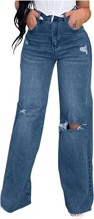 Distressed Wide Leg Jeans for Women High Waisted Loose Ripped Boyfriend Jeans Y2K Stretch Denim Jean Pants Streetwear