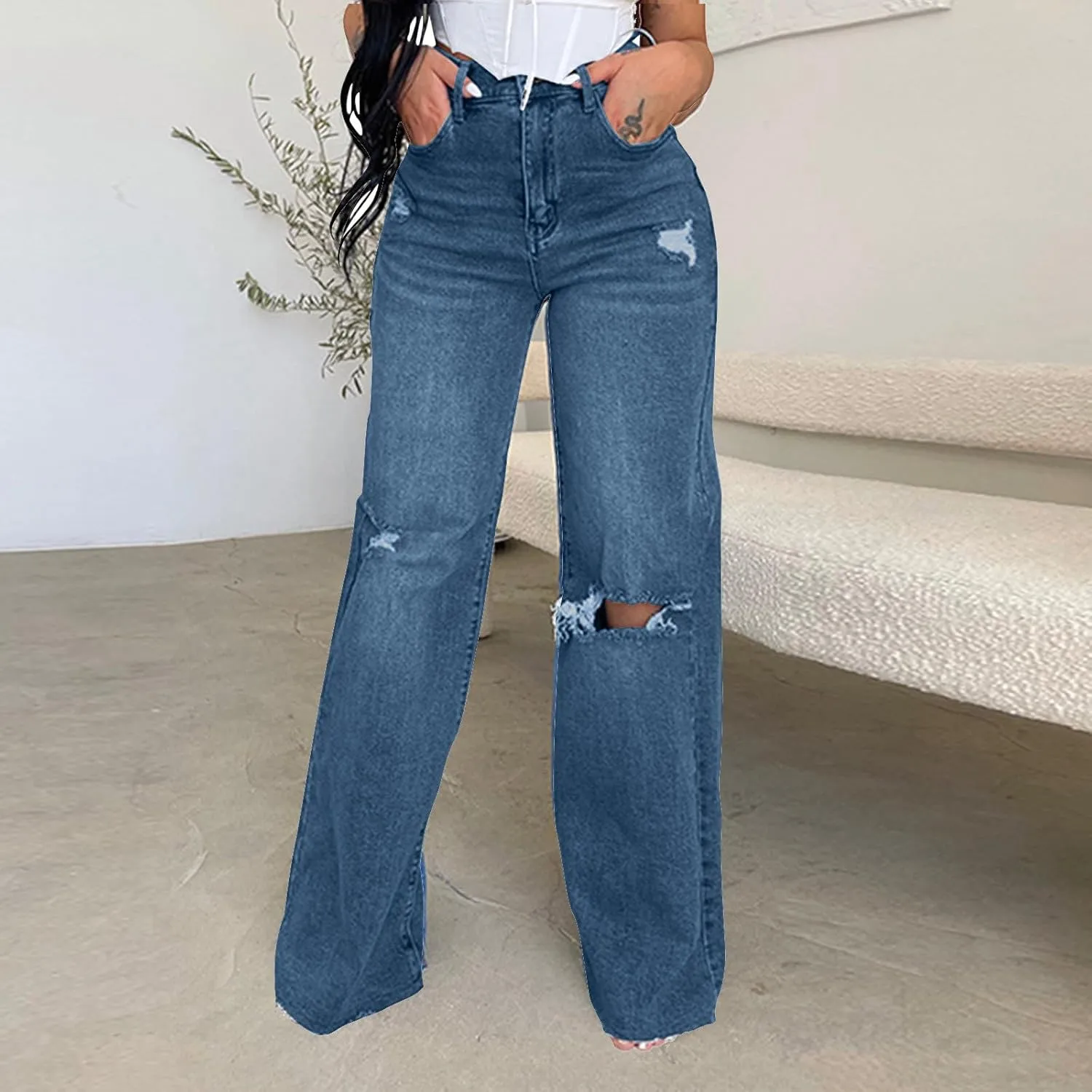 Distressed Wide Leg Jeans for Women High Waisted Loose Ripped Boyfriend Jeans Y2K Stretch Denim Jean Pants Streetwear