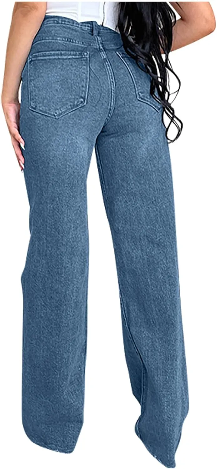 Distressed Wide Leg Jeans for Women High Waisted Loose Ripped Boyfriend Jeans Y2K Stretch Denim Jean Pants Streetwear
