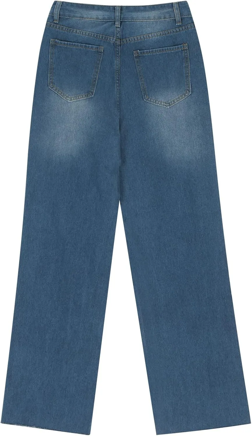 Distressed Wide Leg Jeans for Women High Waisted Loose Ripped Boyfriend Jeans Y2K Stretch Denim Jean Pants Streetwear