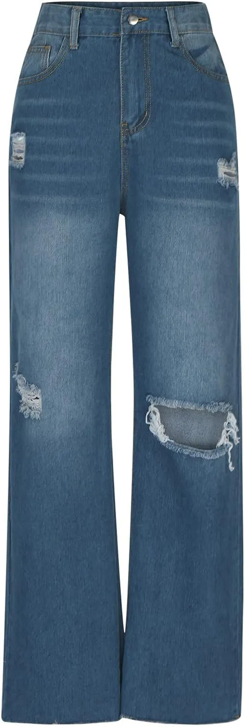 Distressed Wide Leg Jeans for Women High Waisted Loose Ripped Boyfriend Jeans Y2K Stretch Denim Jean Pants Streetwear